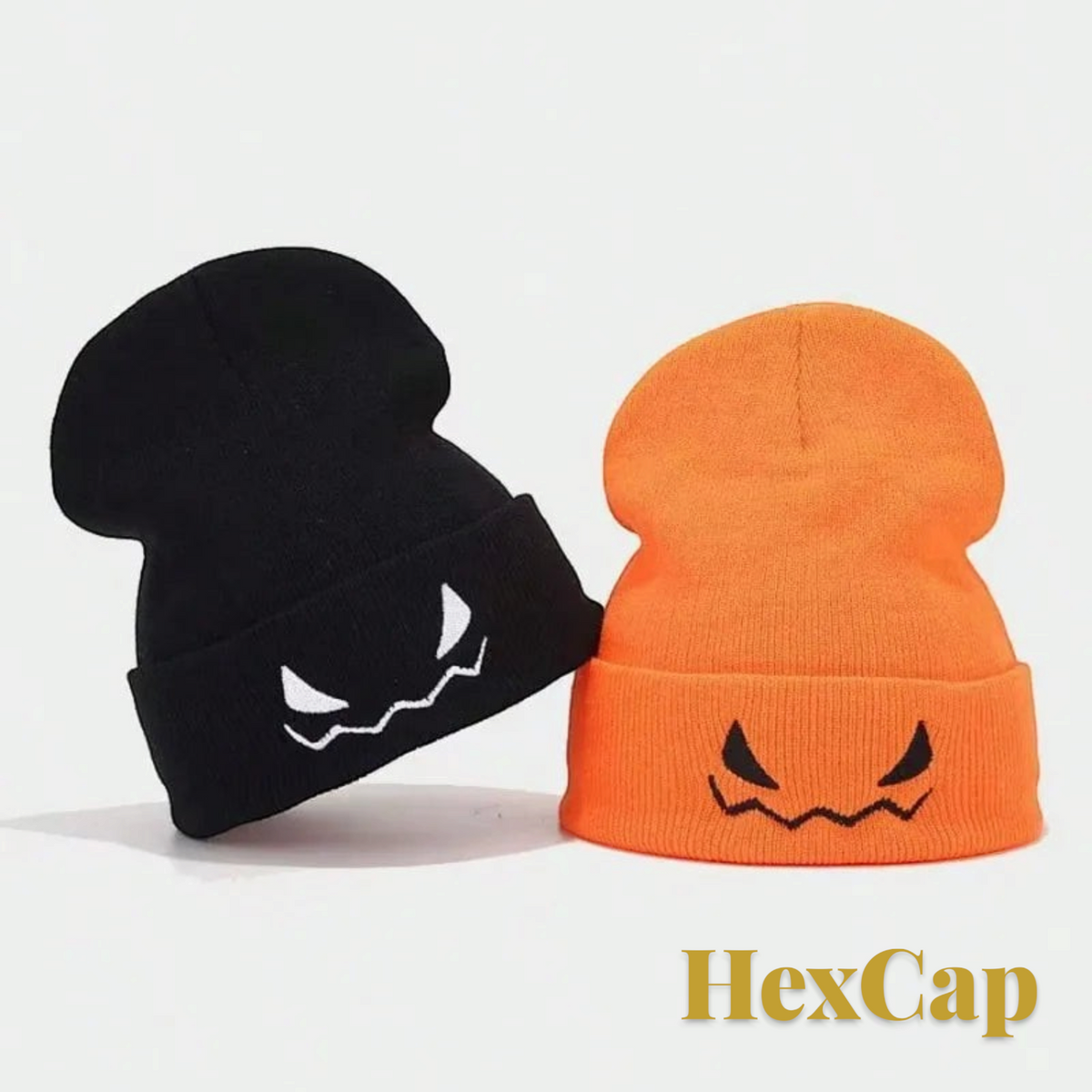 Gr8est HexCap unisex knit beanies in black and orange with embroidered skull faces for Halloween