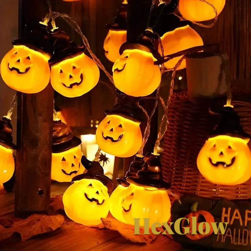 Gr8est HexGlow battery-powered string lights featuring orange pumpkin faces with black witch hats and warm white LEDs