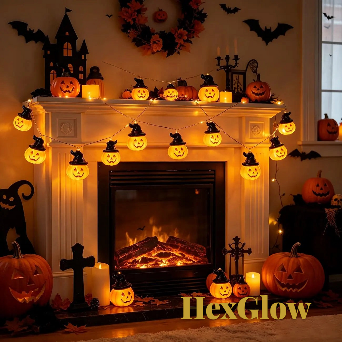 Gr8est HexGlow pumpkin fairy lights with witch hats glowing warm white on a fireplace mantel for Halloween decor