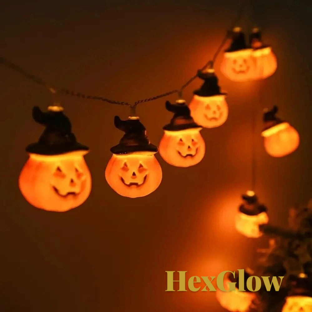 Gr8est HexGlow Halloween string lights featuring orange pumpkin lanterns with black witch hats glowing warm white