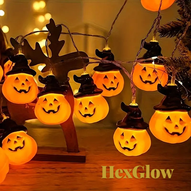 Gr8est HexGlow battery-powered string lights featuring orange plastic pumpkins wearing black witch hats with warm glow