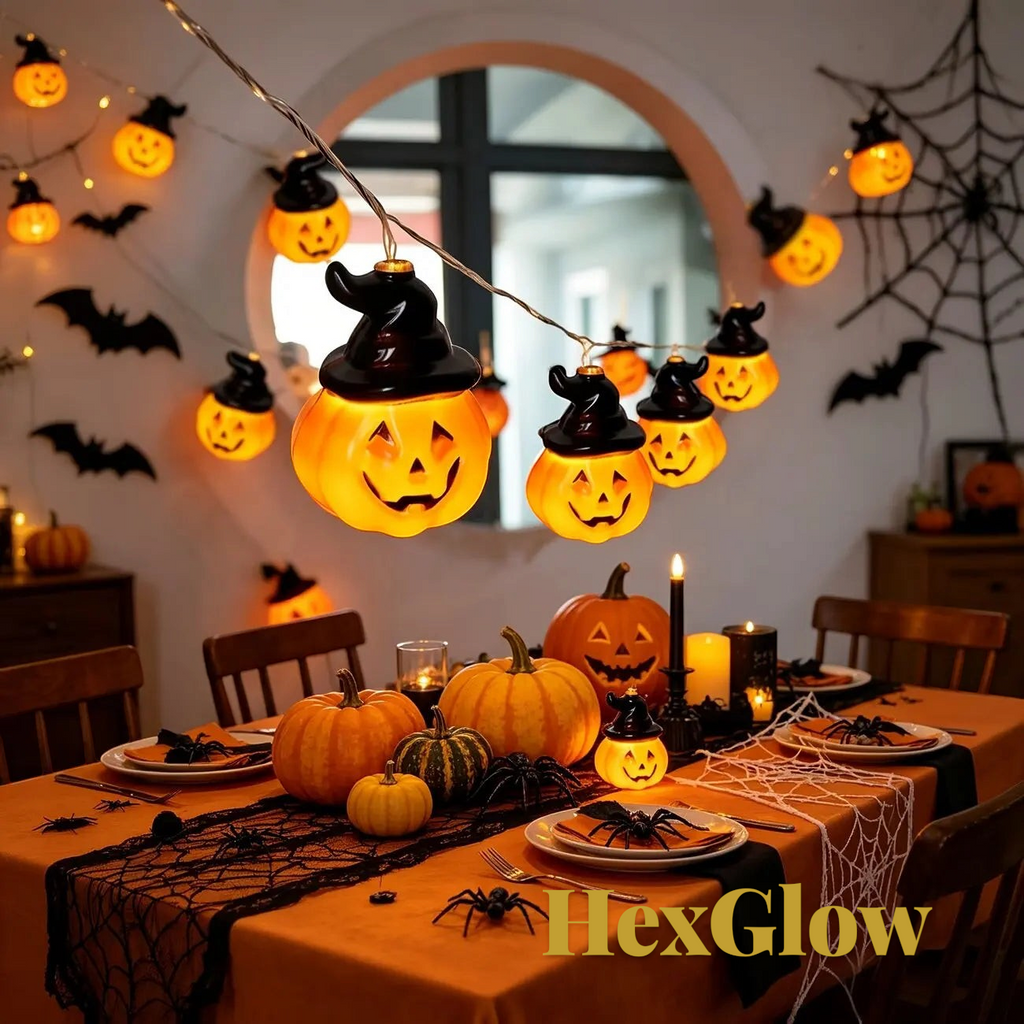 Gr8est HexGlow pumpkin fairy lights with witch hats glowing warm white over a decorated Halloween dining table