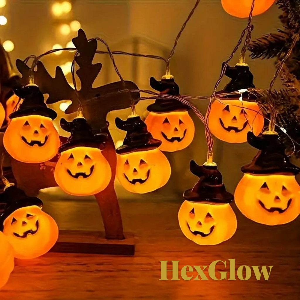 Gr8est HexGlow battery-powered Halloween string lights featuring orange pumpkin faces wearing black witch hats