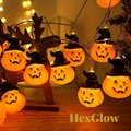Gr8est HexGlow battery-powered Halloween string lights featuring orange pumpkin faces wearing black witch hats