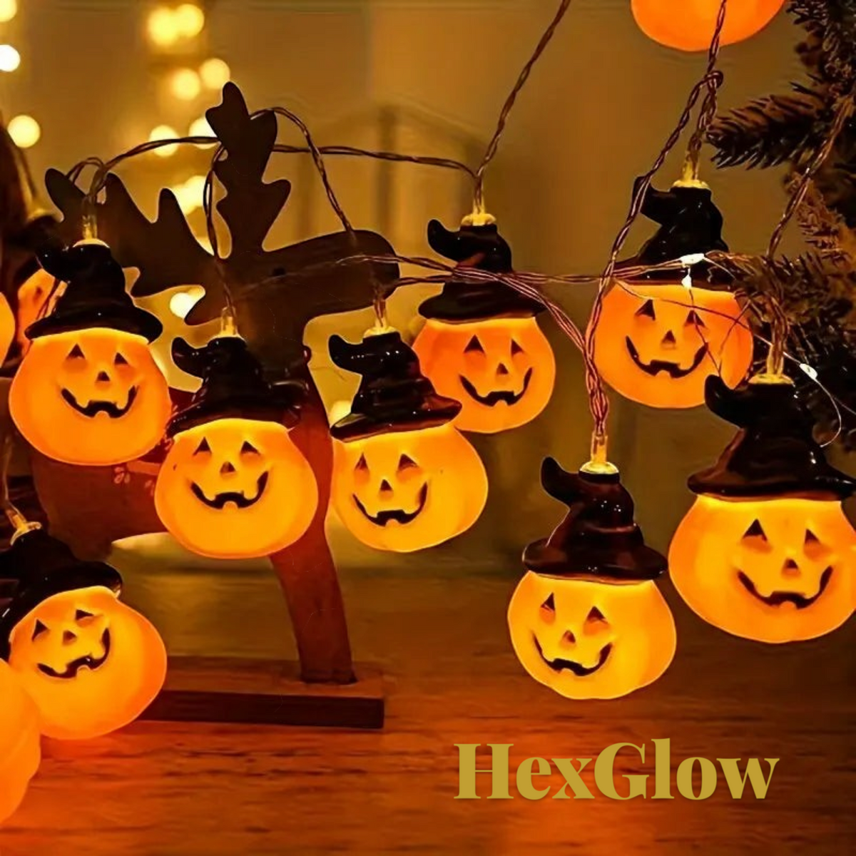 Gr8est HexGlow battery-powered Halloween string lights featuring orange pumpkin faces wearing black witch hats