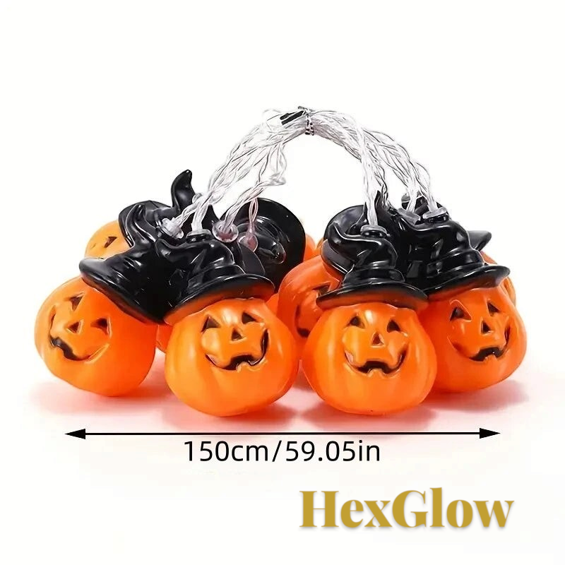 Gr8est HexGlow battery-powered Halloween string lights featuring orange pumpkins wearing black witch hats with warm LEDs