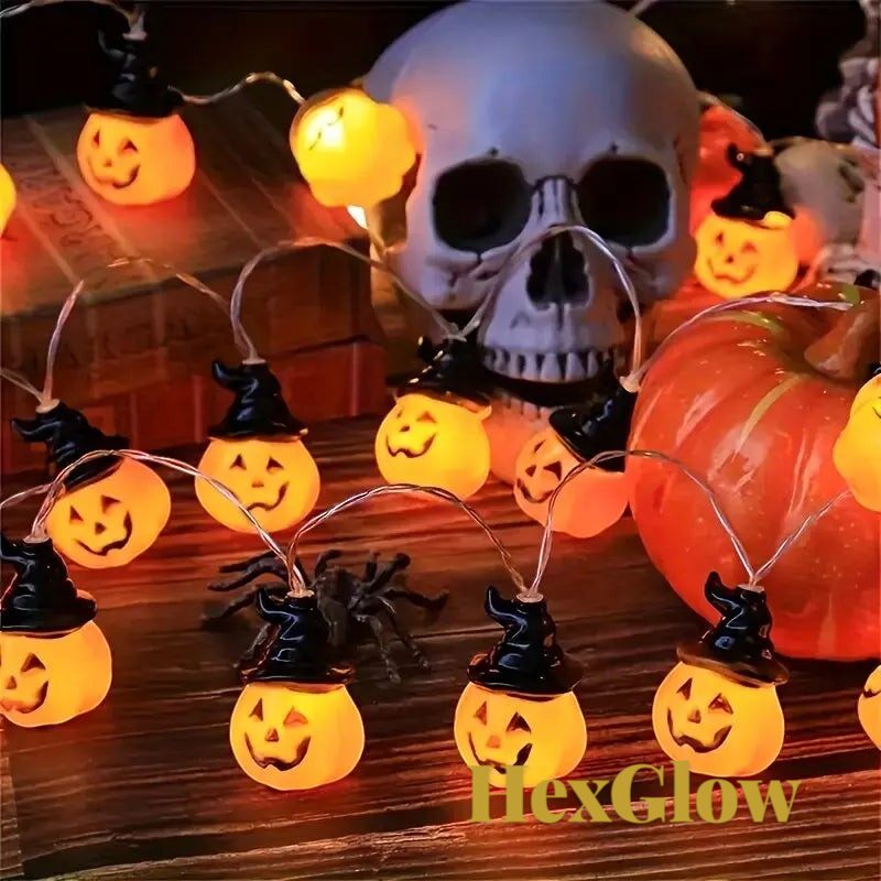Gr8est HexGlow battery-powered string lights featuring orange pumpkin faces with black witch hats glowing warm white