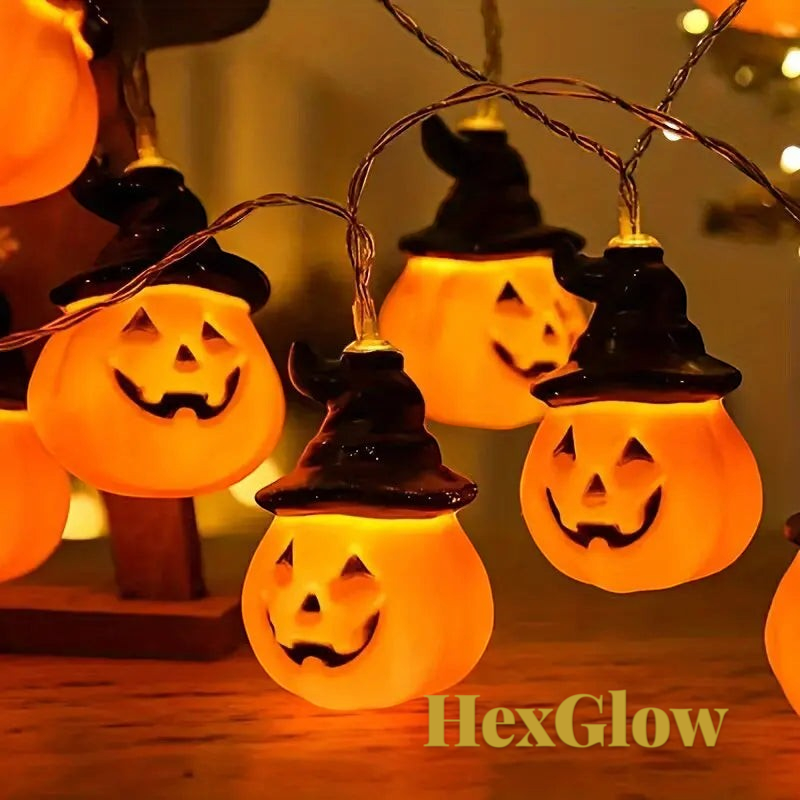 Gr8est HexGlow Halloween string lights featuring orange pumpkin lanterns wearing black witch hats with warm white LEDs