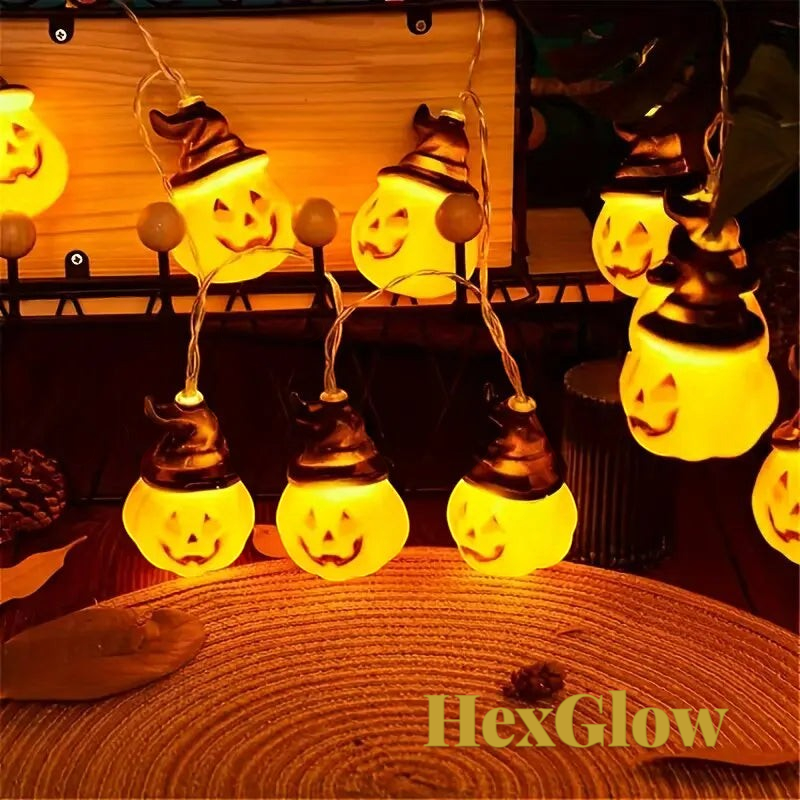 Gr8est HexGlow Halloween string lights featuring warm white LED pumpkins wearing witch hats for festive room decor