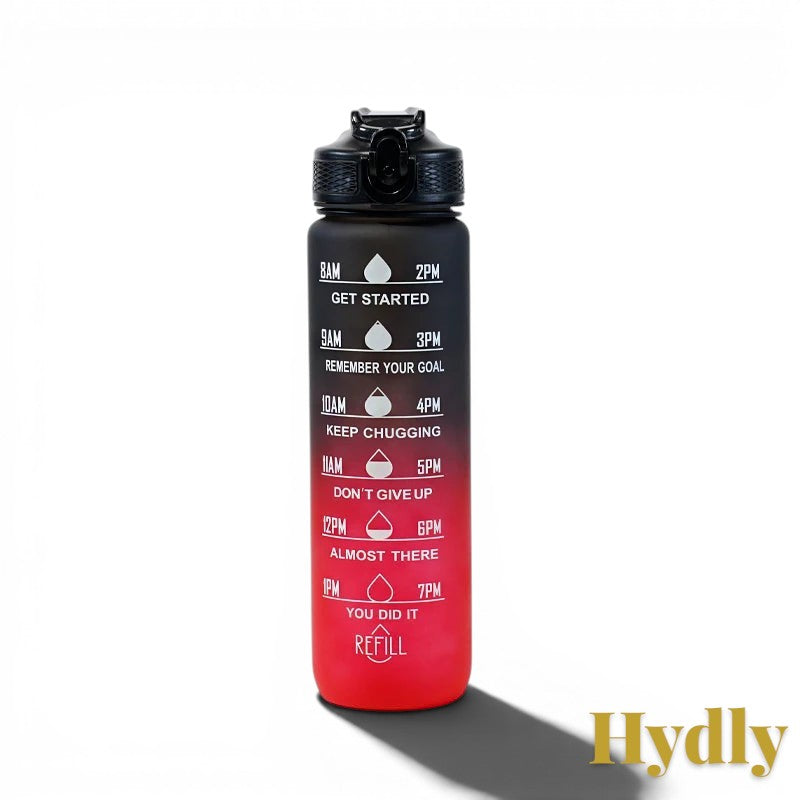 Gr8est Hydly 1L motivational water bottle in black and red gradient with time markers and straw