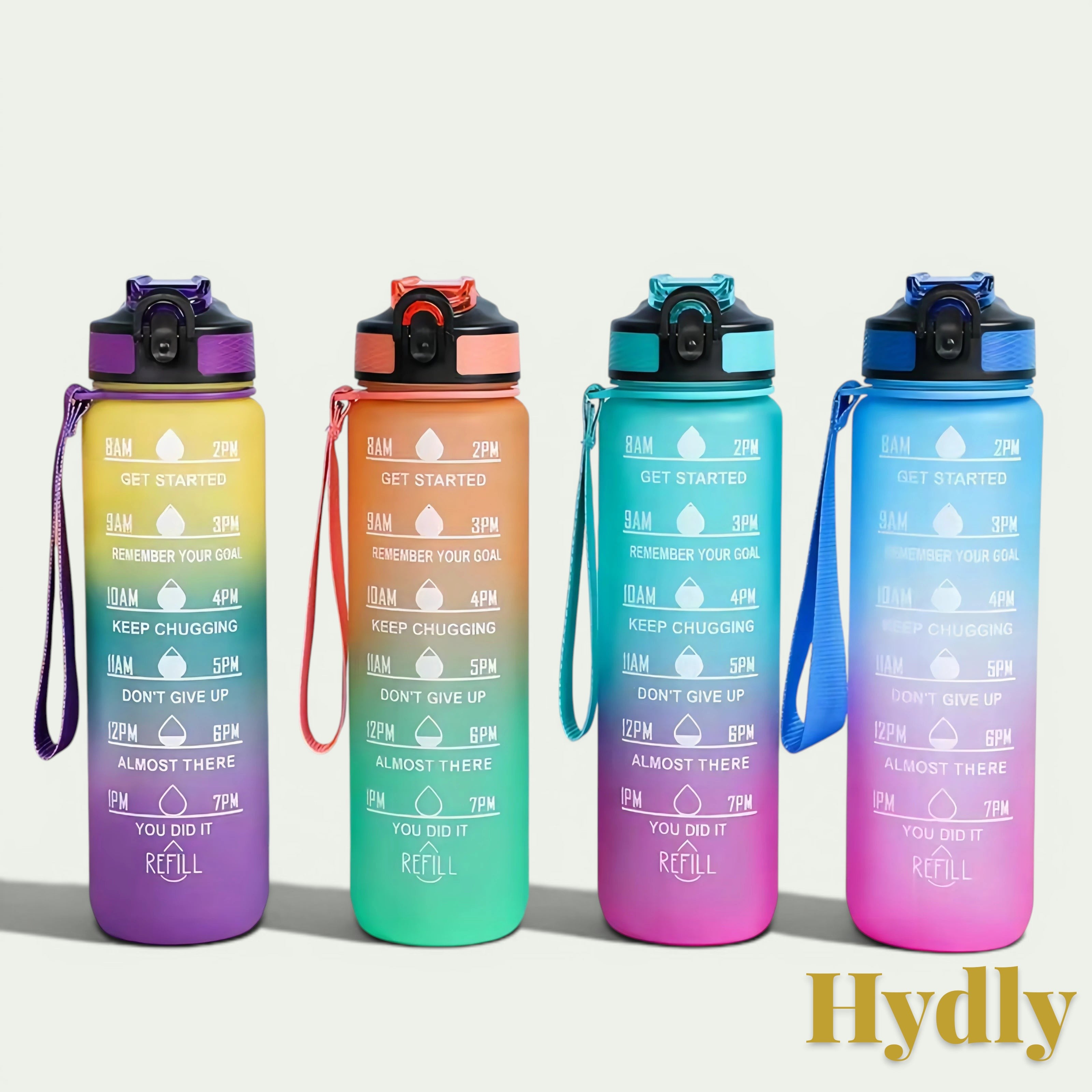 Gr8est Hydly 1L motivational water bottles with time markers, straws, and colorful gradient designs for sports and gym.