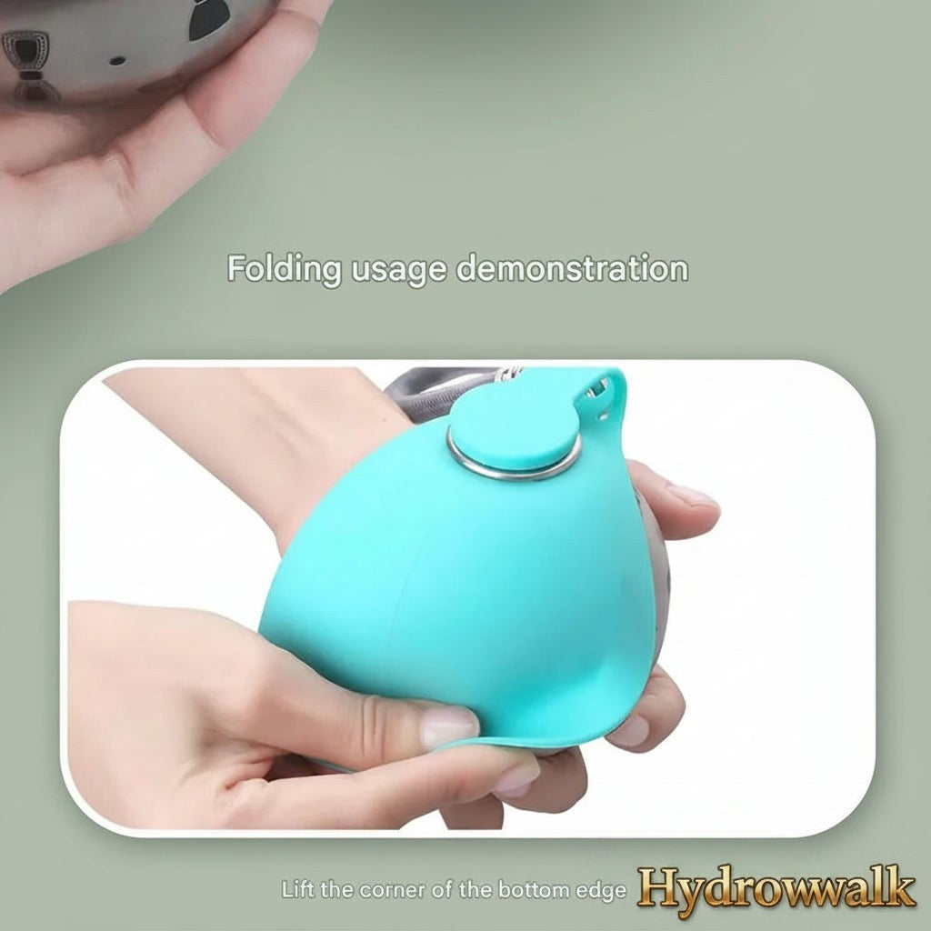 Gr8est HydroWalk portable dog water bottle with a flexible teal silicone bowl being folded for compact storage