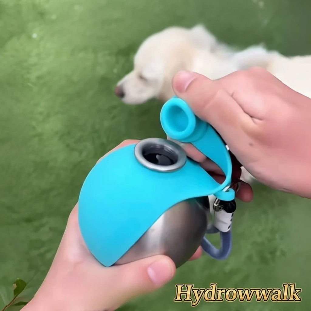 Gr8est HydroWalk stainless steel dog water bottle with a bright blue silicone bowl being opened for a pet