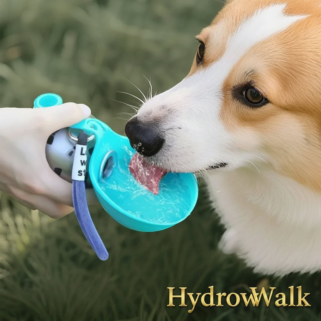 Gr8est HydroWalk stainless steel dog water bottle with a blue silicone bowl being used by a Corgi outdoors