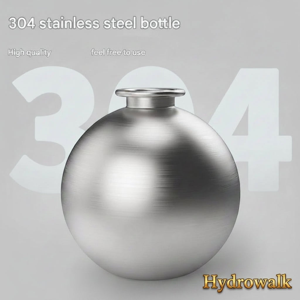 Gr8est HydroWalk stainless steel dog water bottle with a spherical design for on-the-go pet hydration.