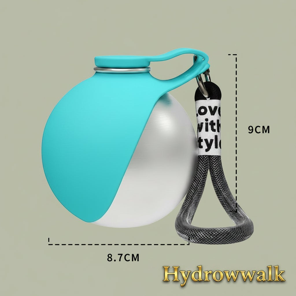 Gr8est HydroWalk stainless steel dog water bottle with a bright teal silicone bowl and a black carrying strap.