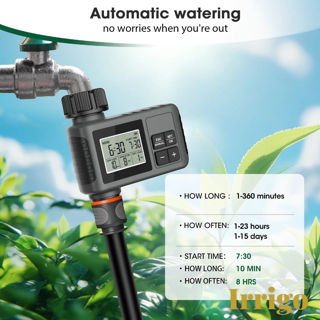 Gr8est Irrigo smart automatic water timer attached to an outdoor faucet with a digital LCD display and hose connection.
