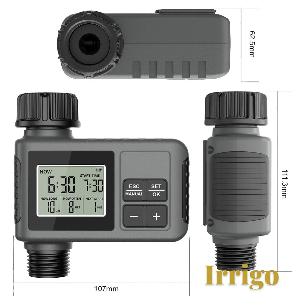 Gr8est Irrigo smart automatic garden water timer with LCD display, buttons, and hose connector in grey plastic.