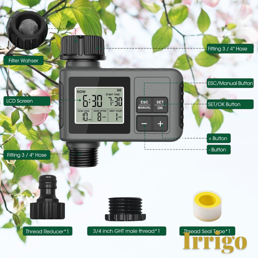 Gr8est Irrigo smart garden water timer with LCD screen, buttons, and included hose connectors against floral backdrop