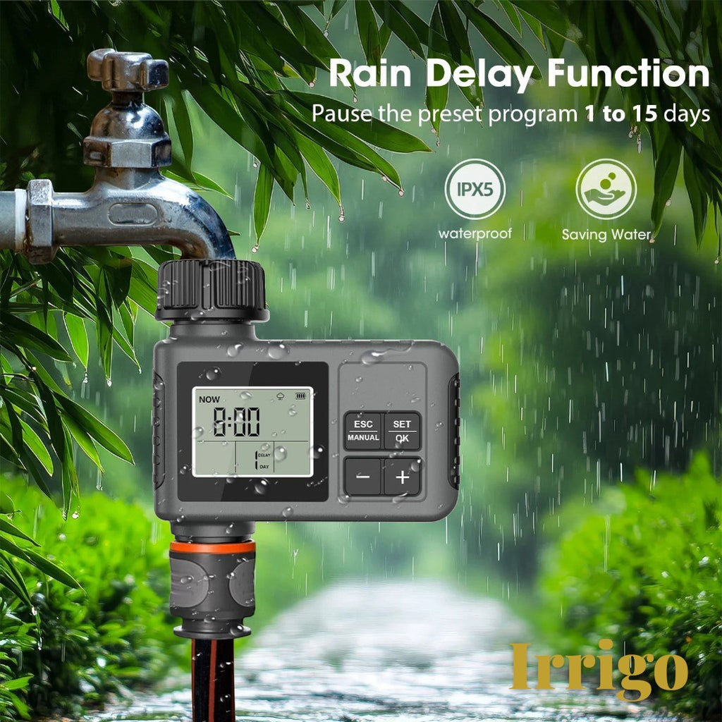 Gr8est Irrigo smart garden water timer with LCD display and rain delay function attached to an outdoor faucet