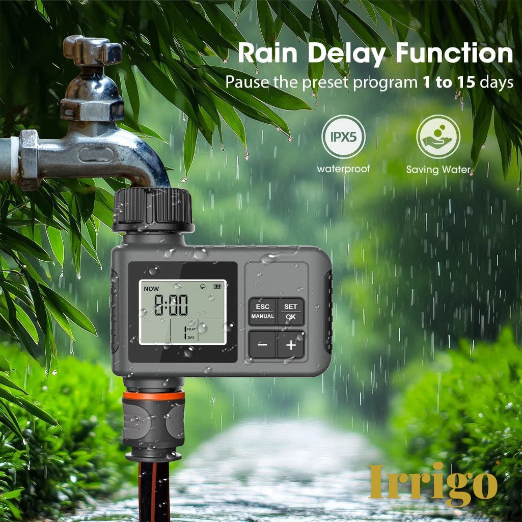 Gr8est Irrigo smart garden water timer with LCD display and rain delay function attached to an outdoor faucet