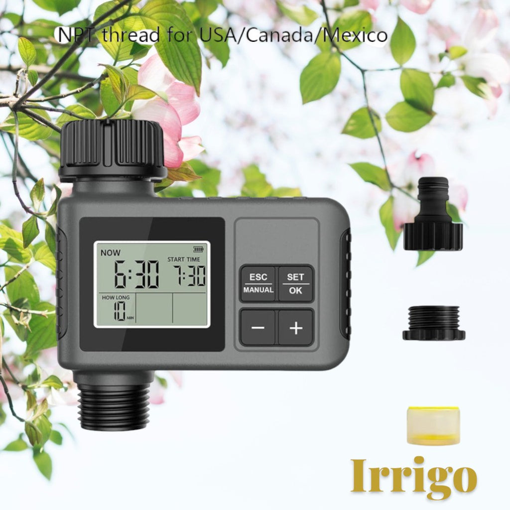 Gr8est Irrigo smart automatic garden water timer with LCD display and hose connectors for outdoor irrigation systems