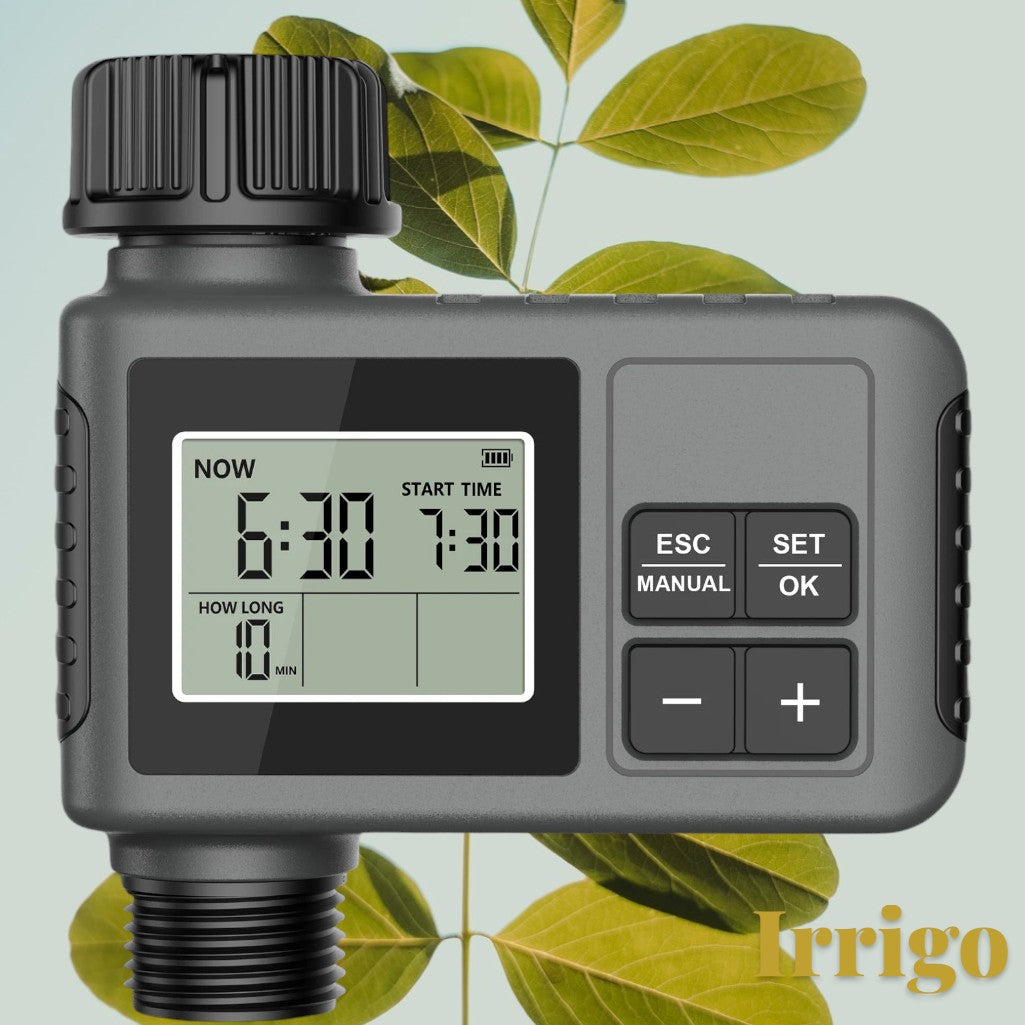 Gr8est Irrigo smart automatic garden water timer with LCD display and programmable buttons against a leaf background