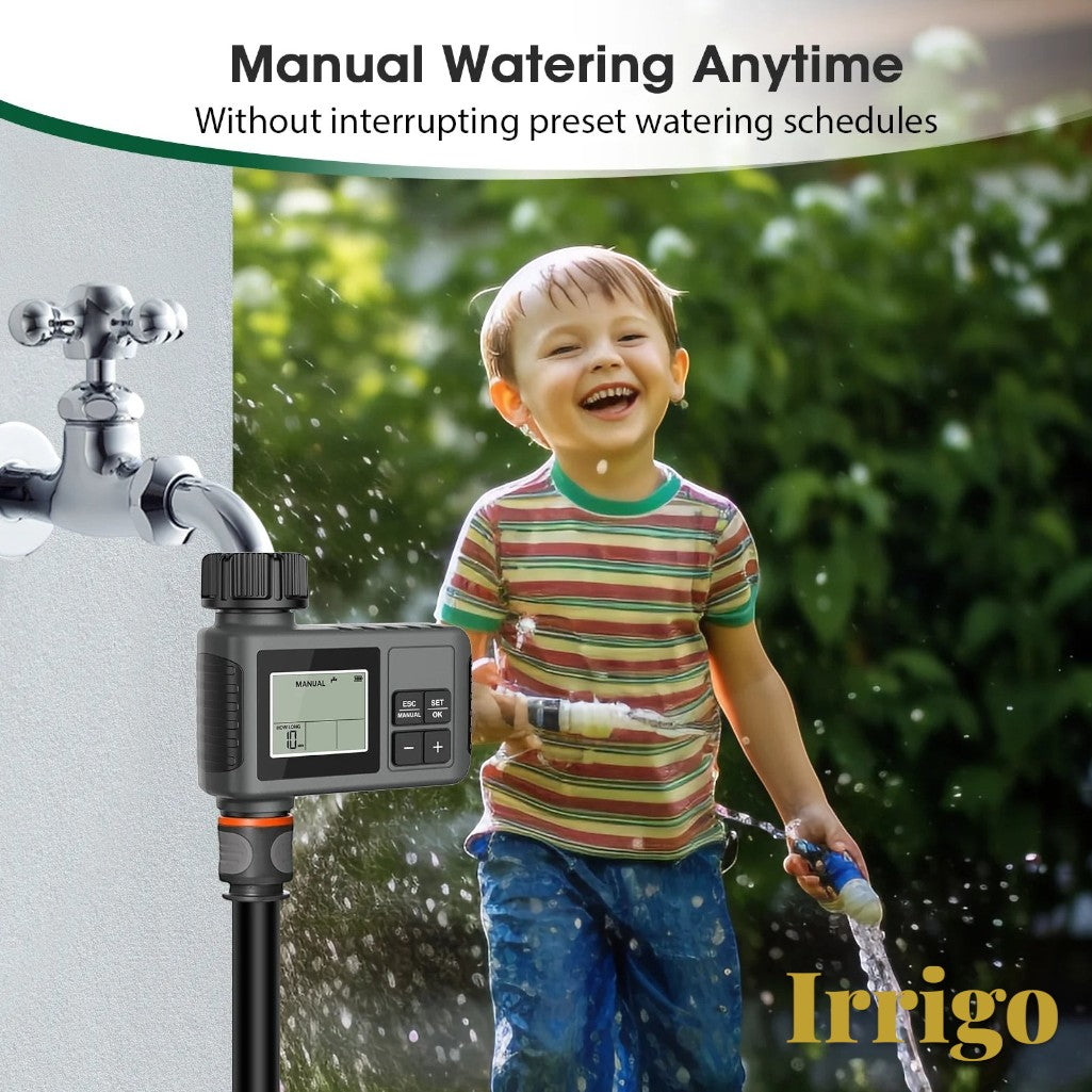 Gr8est Irrigo smart water timer attached to an outdoor faucet with a happy child playing with a hose nearby