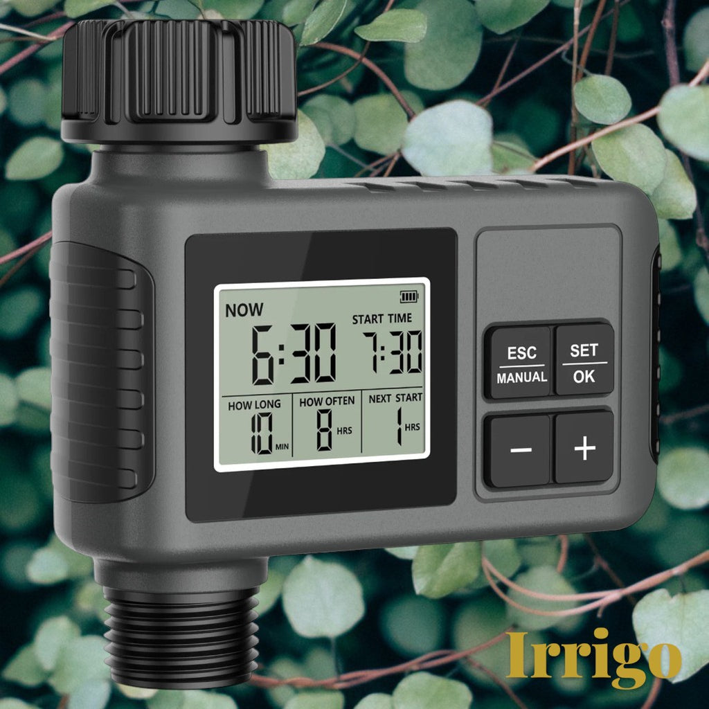 Gr8est Irrigo smart automatic water timer with LCD display and buttons for garden irrigation against green foliage