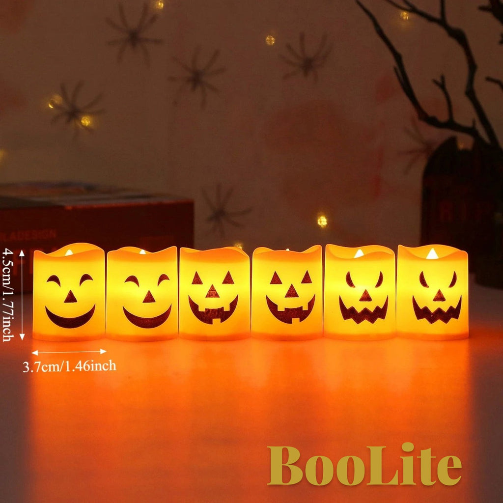 Gr8est set of 6 orange battery-powered LED Halloween candles with spooky jack-o'-lantern faces for party decor