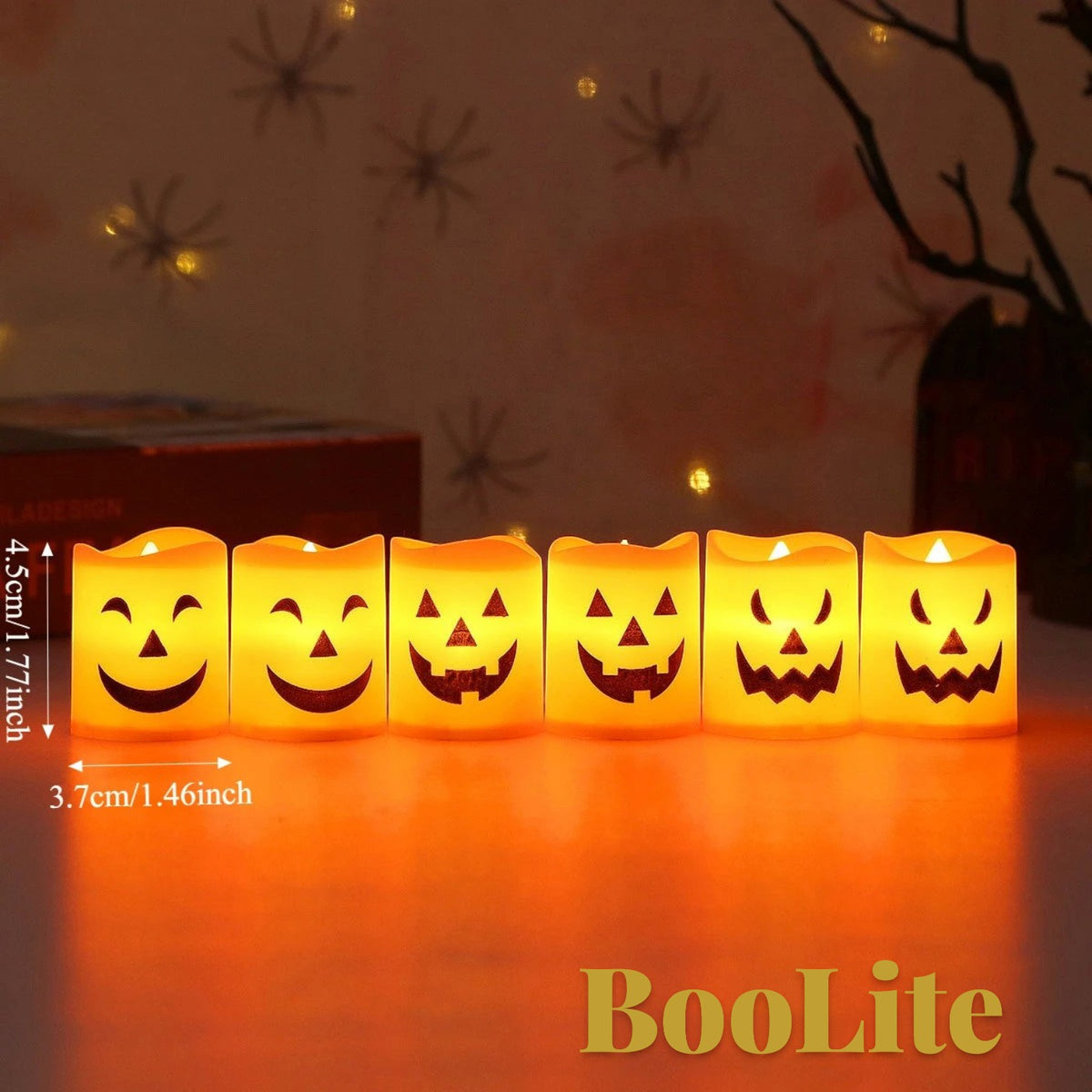 Gr8est set of 6 orange battery-powered LED Halloween candles with spooky jack-o'-lantern faces for party decor