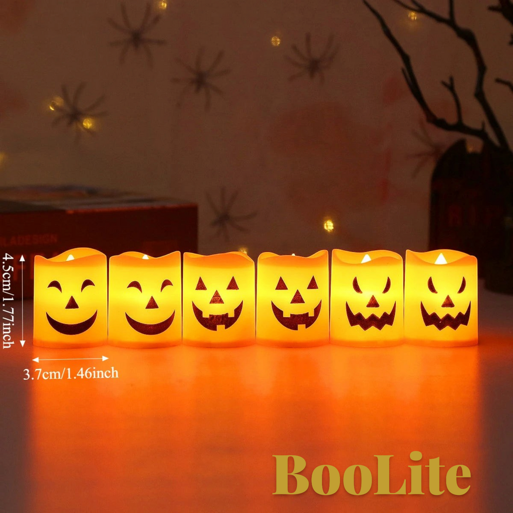 Gr8est set of 6 orange-yellow plastic LED Halloween pumpkin tea lights with spooky faces for festive table decor