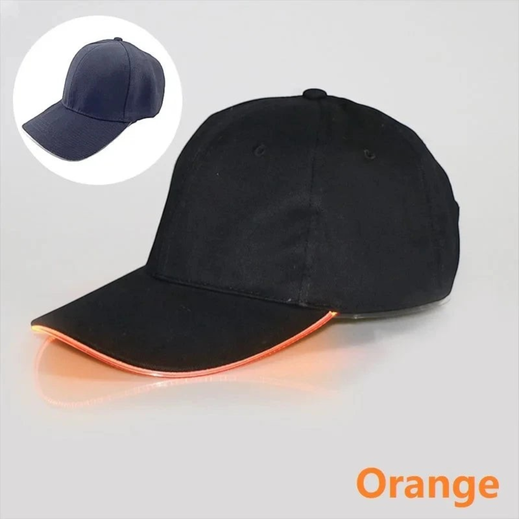 Gr8est black baseball cap with an orange LED glowing brim for parties and raves