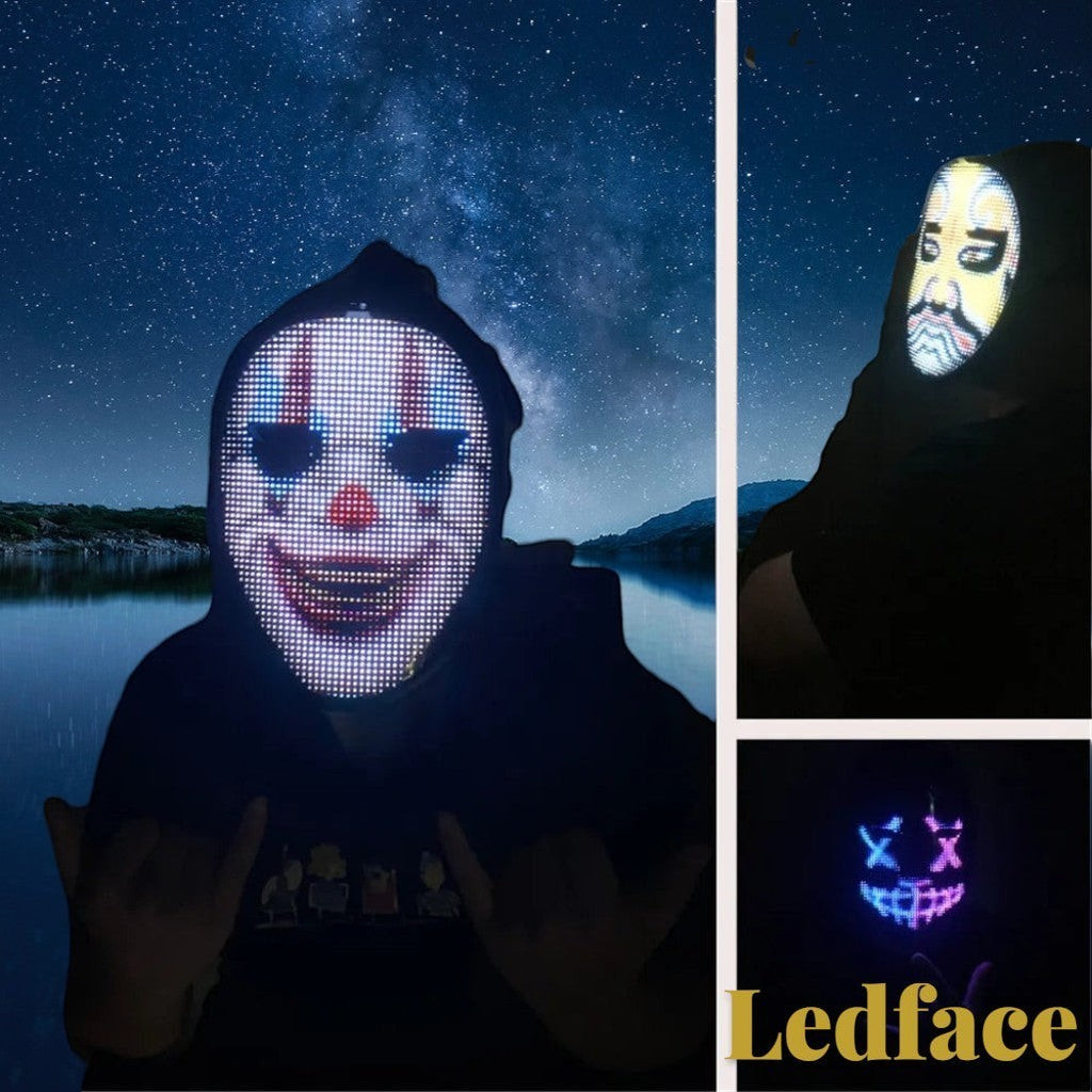Gr8est Ledface programmable Bluetooth RGB LED mask displaying various character faces against a starry night background