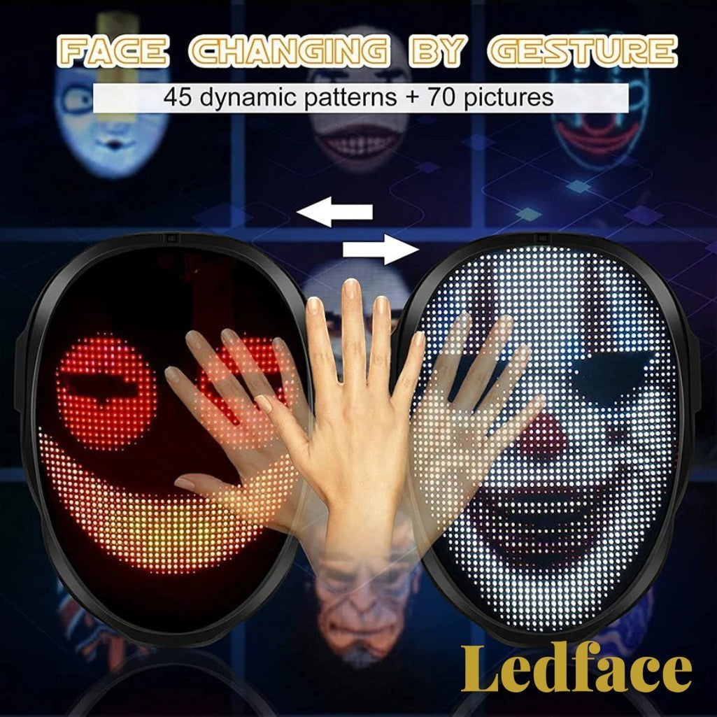 Gr8est Ledface Bluetooth RGB LED mask showing gesture-controlled dynamic patterns and clown face display