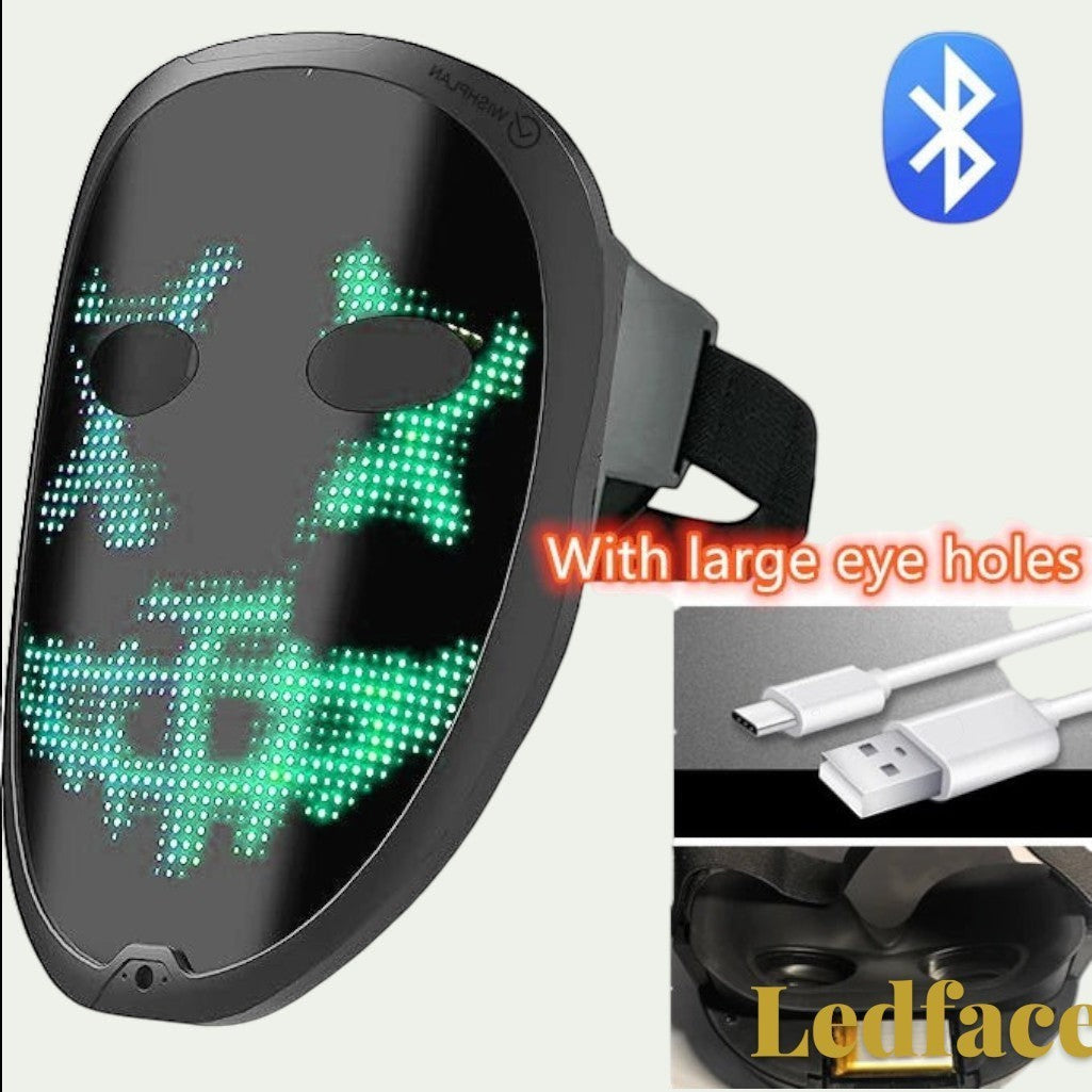 Gr8est Ledface programmable Bluetooth RGB LED mask with large eye holes, showing a green digital face display.