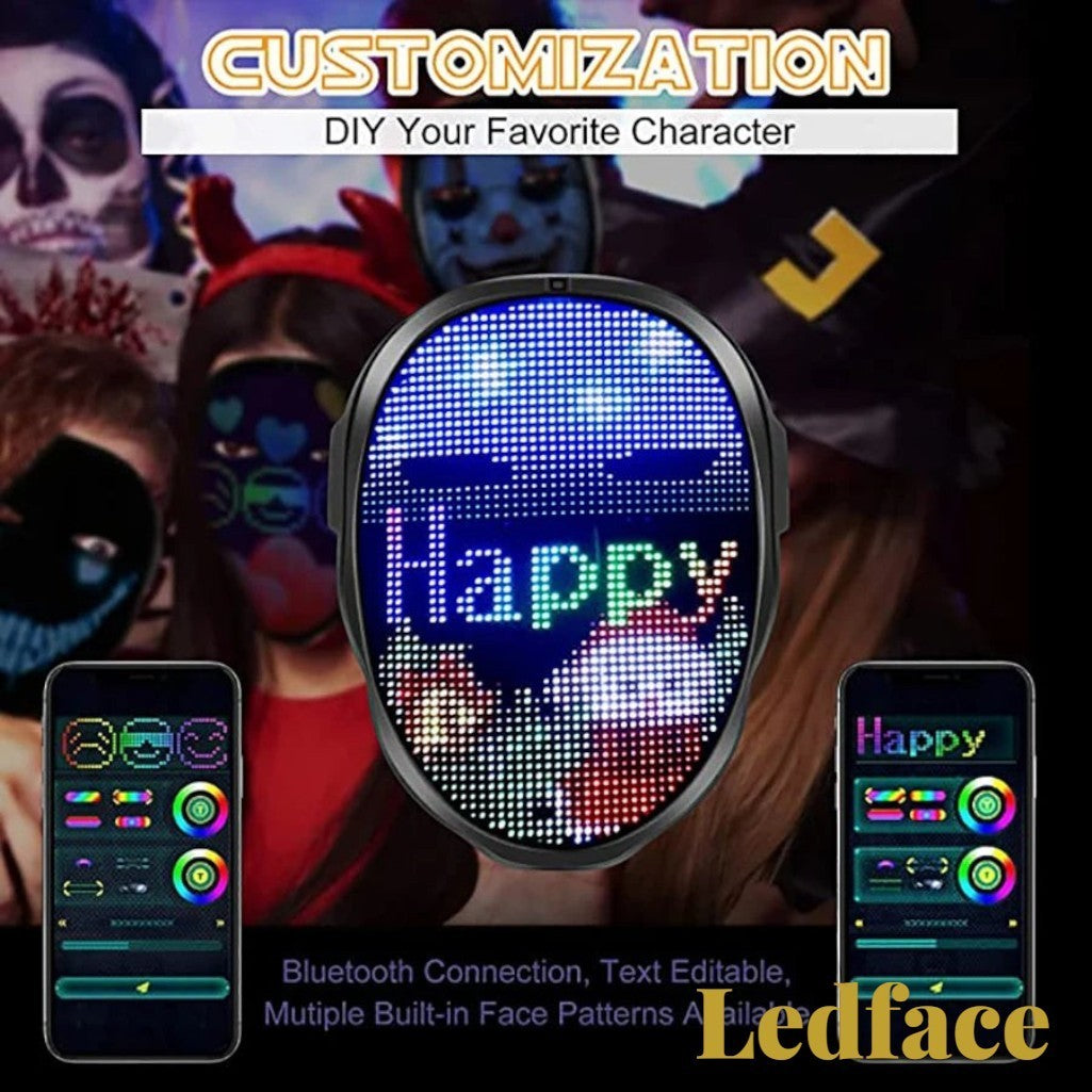 Gr8est Ledface Bluetooth RGB LED mask displaying Happy text with mobile app interface for custom DIY animations