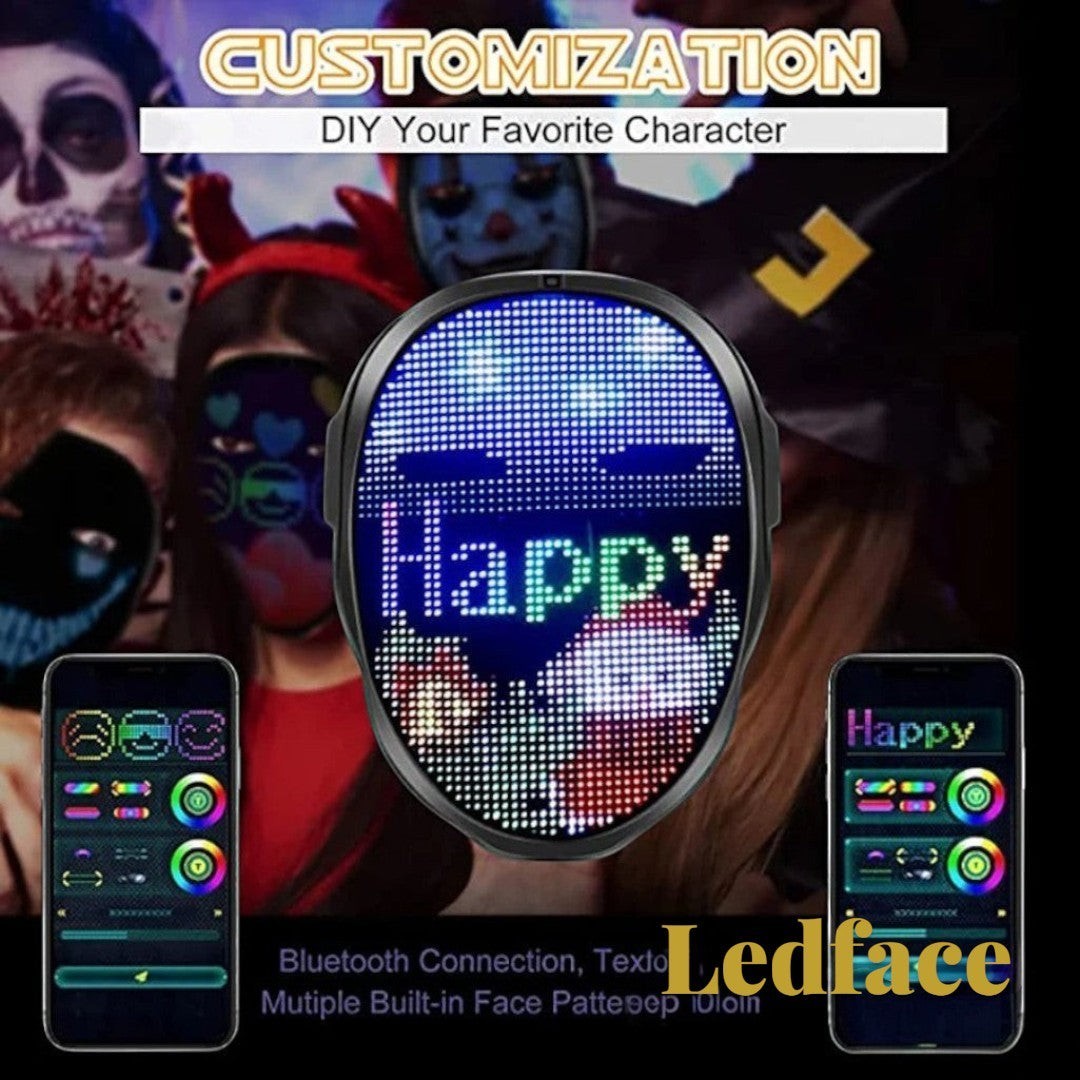 Gr8est Ledface Bluetooth RGB LED mask displaying Happy text with mobile app interface for custom DIY animations