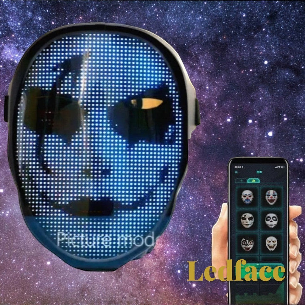 Gr8est Ledface Bluetooth RGB LED mask displaying a blue digital face pattern with a smartphone app interface