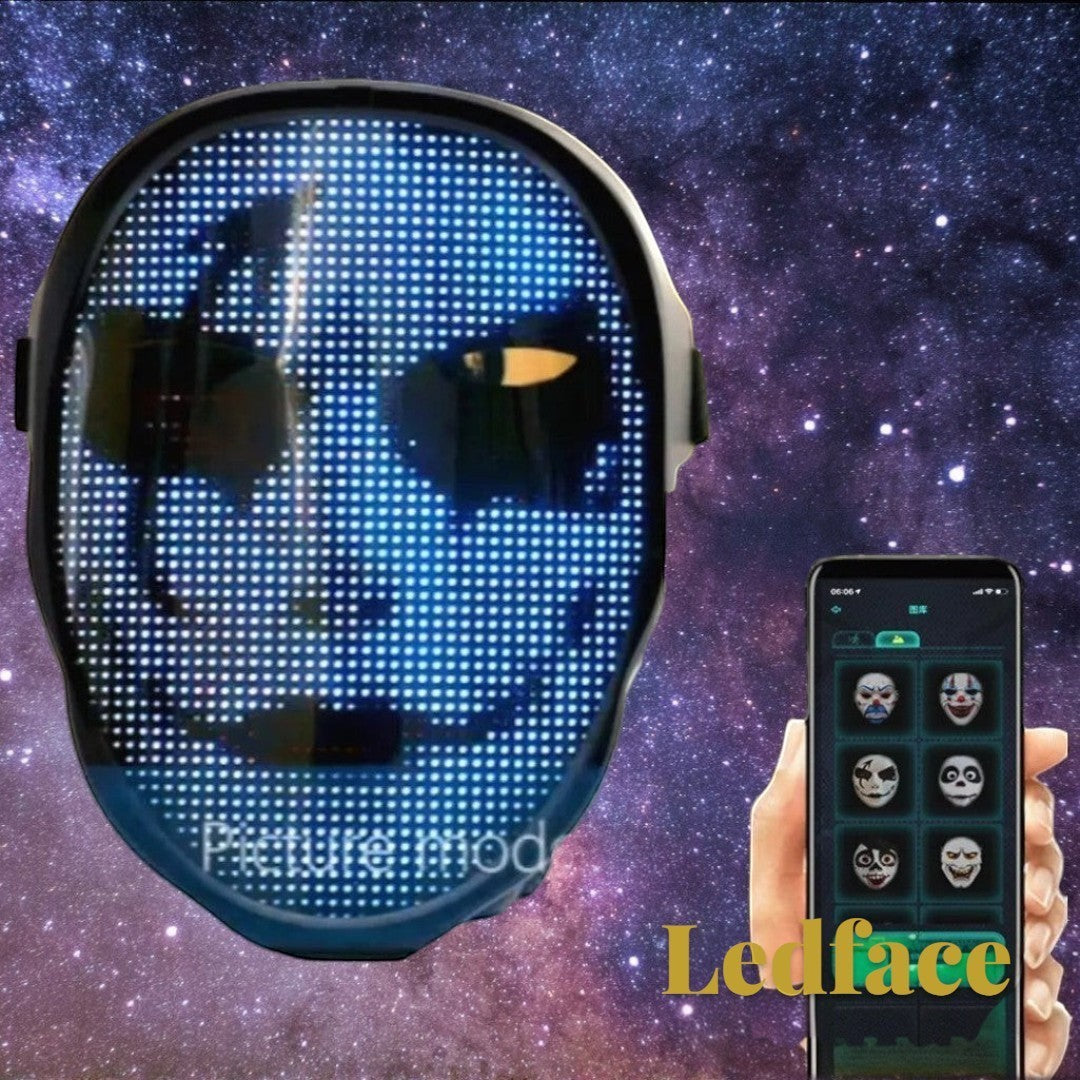 Gr8est Ledface Bluetooth RGB LED mask displaying a blue digital face pattern with a smartphone app interface