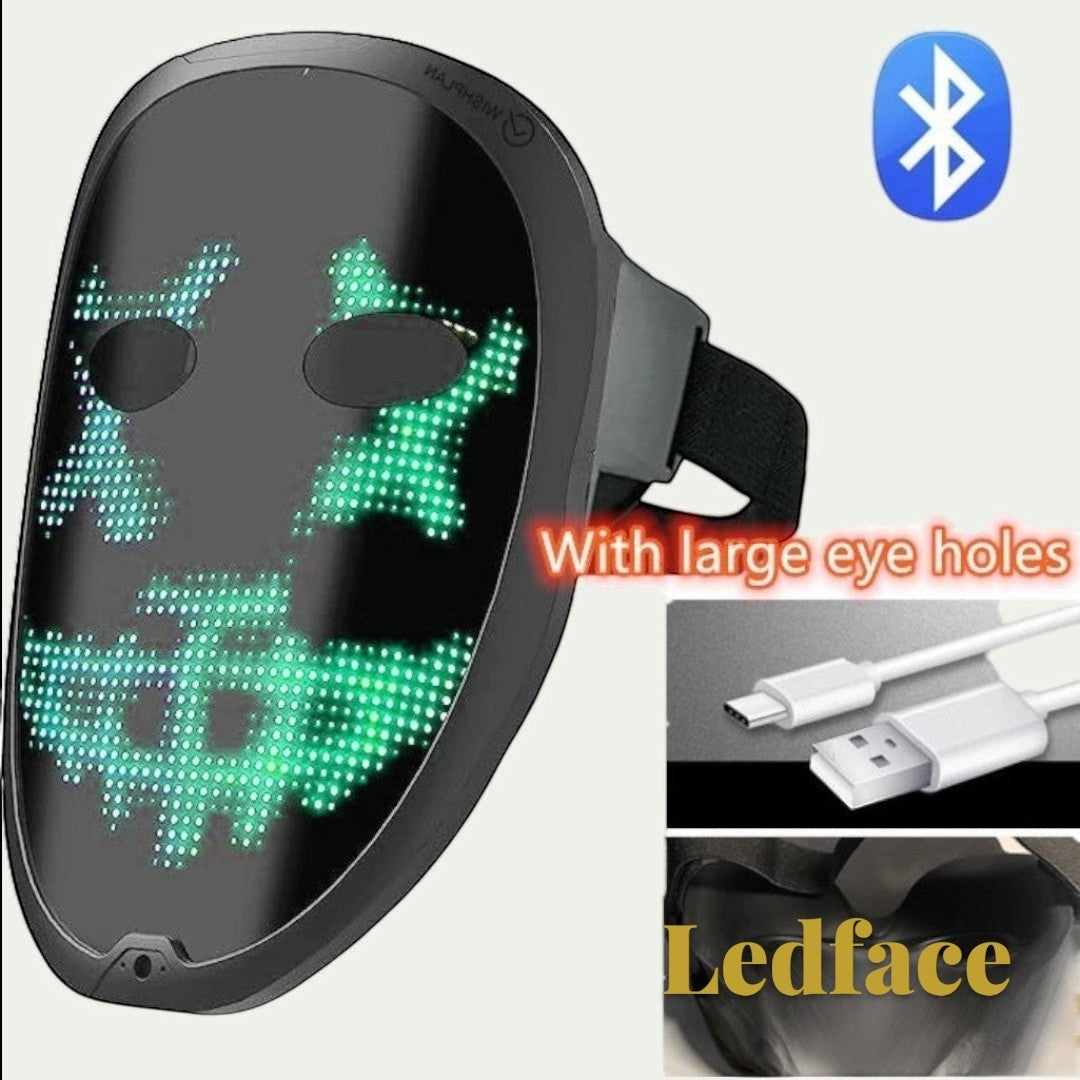 Gr8est Ledface programmable Bluetooth RGB LED mask with large eye holes, showing a green digital face display.