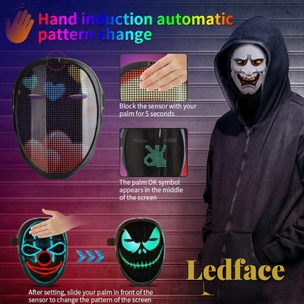 Gr8est Ledface Bluetooth RGB LED mask showing gesture-controlled pattern changes for cosplay and parties