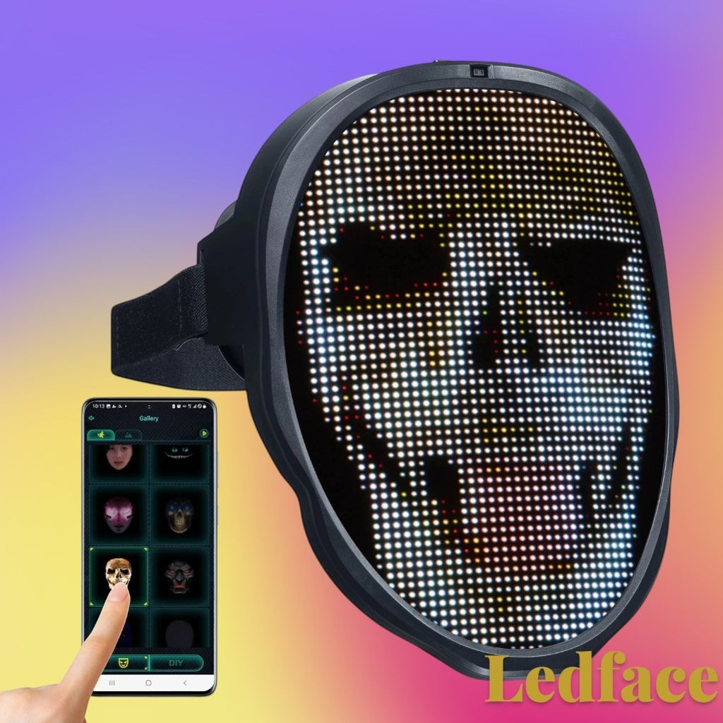 Gr8est Ledface Bluetooth RGB LED mask displaying a skull graphic, controlled via a smartphone app for cosplay events.