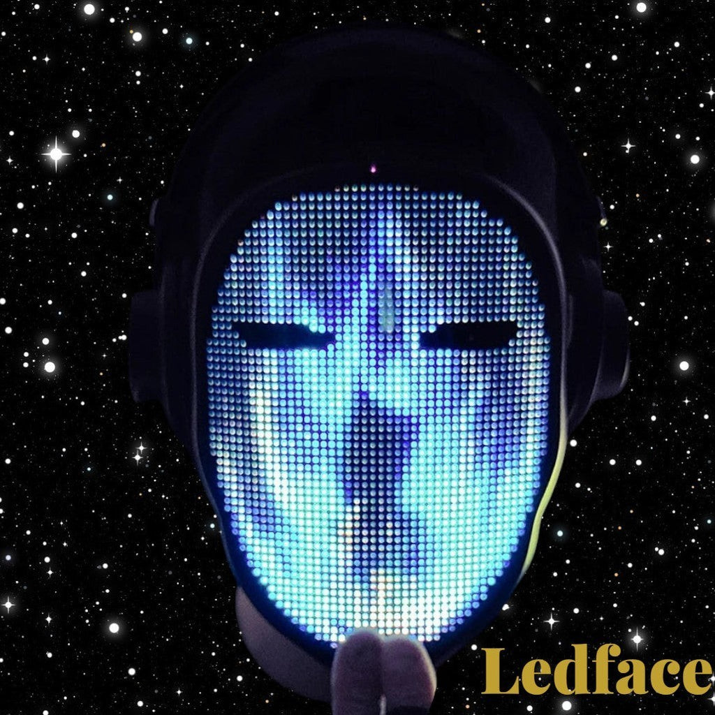 Gr8est Ledface Bluetooth RGB LED mask displaying a glowing blue digital face against a starry space background.