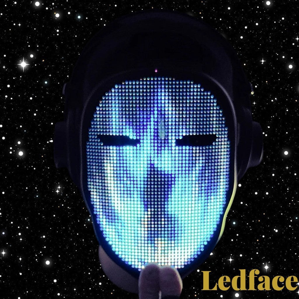 Gr8est Ledface Bluetooth RGB LED mask displaying a glowing blue digital face against a starry space background.