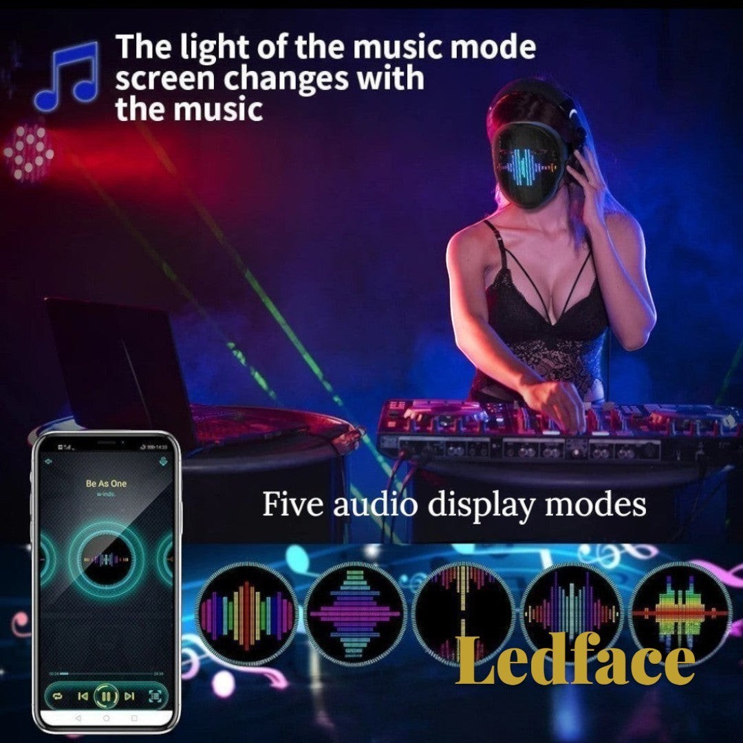 Gr8est Ledface Bluetooth RGB LED mask worn by a DJ showing music rhythm light effects at a party