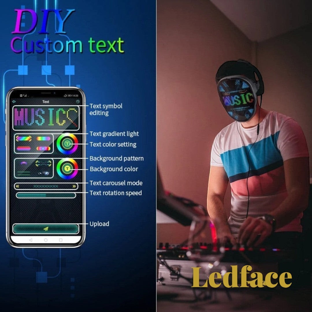 Gr8est Ledface Bluetooth RGB LED mask showing custom music text on a DJ wearing headphones in a dark studio setting