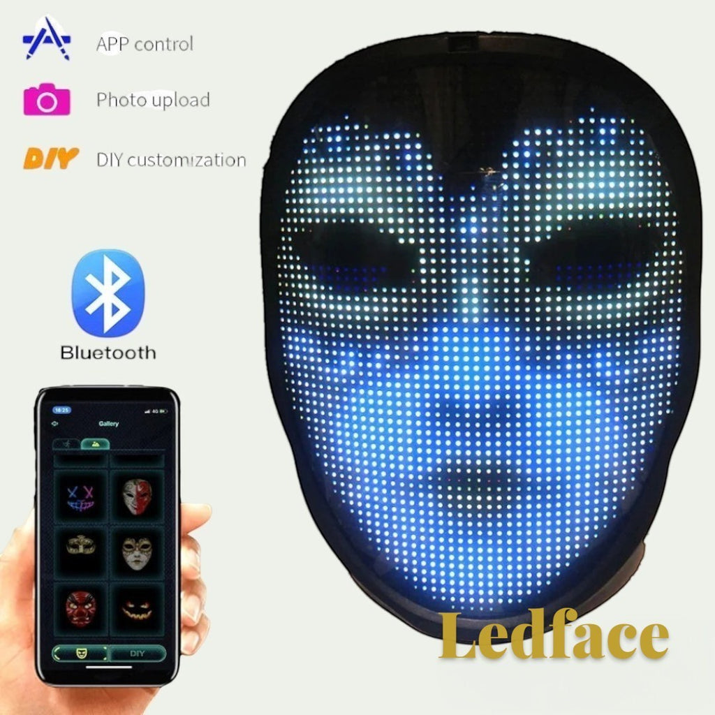 Gr8est Ledface Bluetooth RGB LED mask showing a blue digital face display controlled by a smartphone app