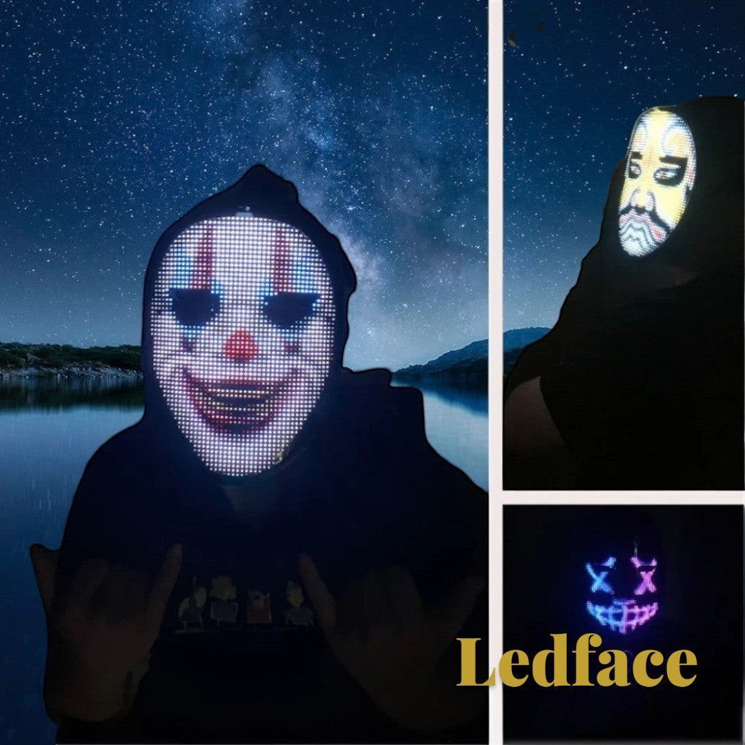 Gr8est Ledface programmable Bluetooth RGB LED mask displaying various character faces against a starry night background