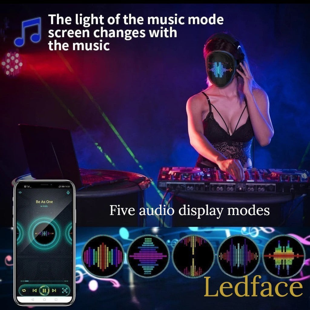 Gr8est Ledface Bluetooth RGB LED mask worn by a DJ showing music rhythm light effects at a party
